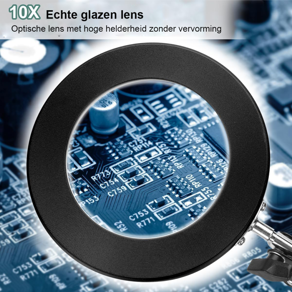 Vergrootglas met verlichting en standaard voor lezen, handwerken en reparaties met 10x vergroting