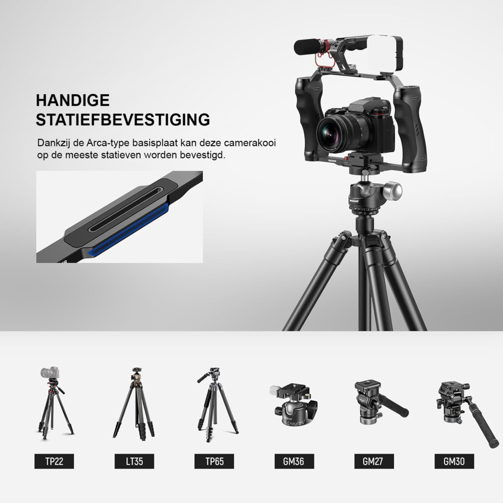Video camera cage met dubbele handgrepen, Arca quick release plaat en schroefdraad voor DSLR en videocamera’s