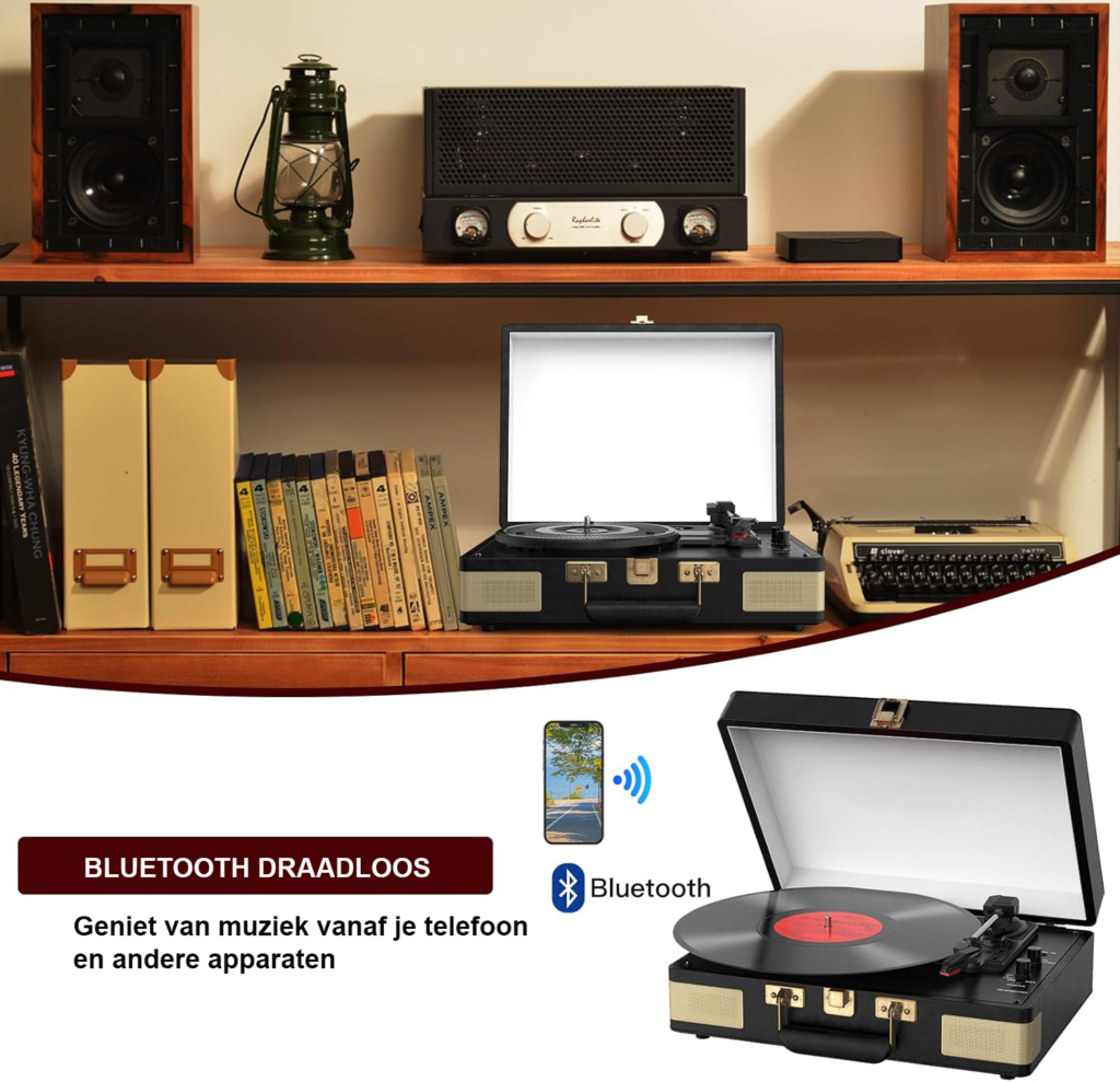 Draagbare Platenspeler met Bluetooth - Retro Koffer Vinyl Speler met Ingebouwde Speakers - 3 Snelheden 33/45/78 RPM - Zwart PU Leer