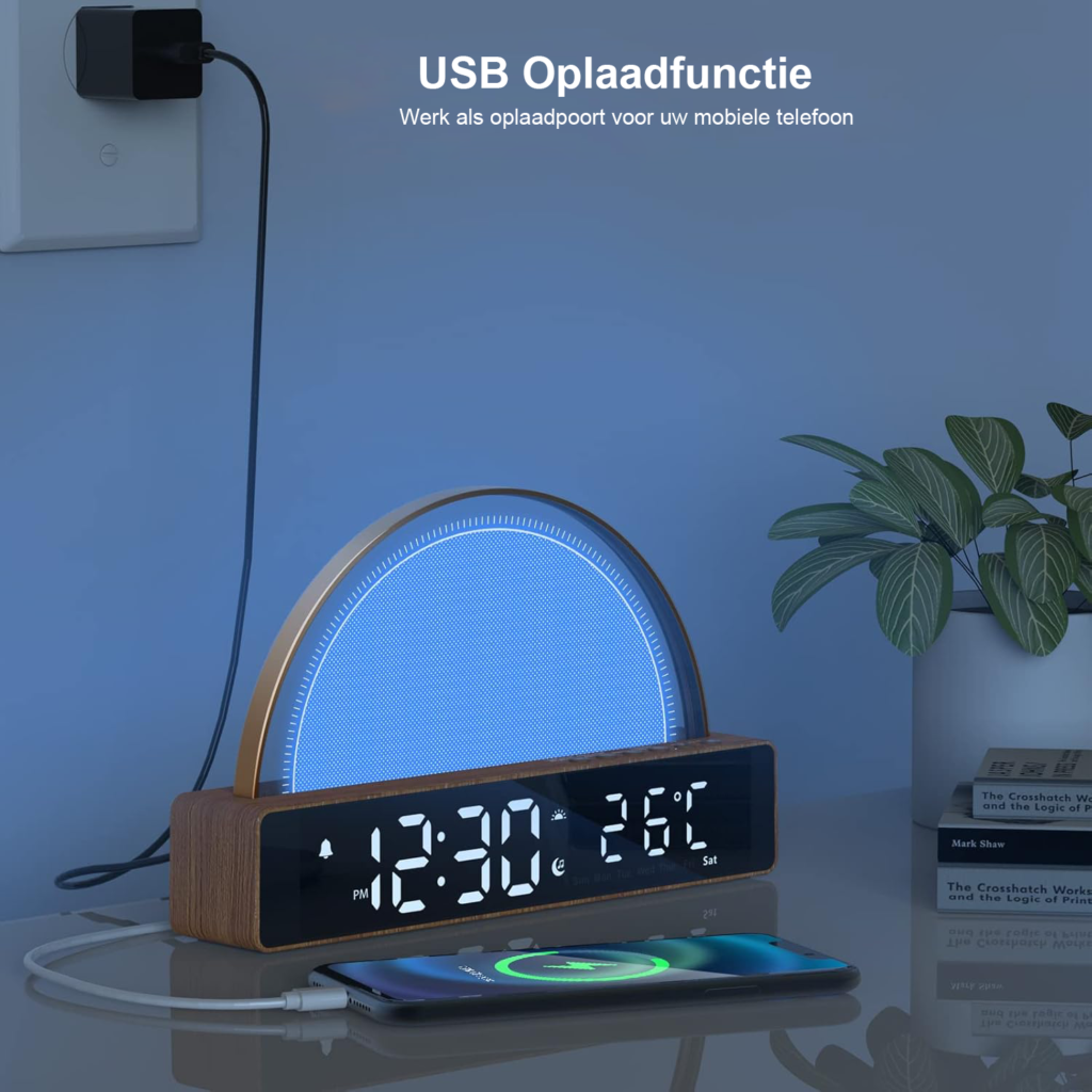 Wekker met licht en dimbare tafel lamp met slaapgeluiden en temperatuurweergave