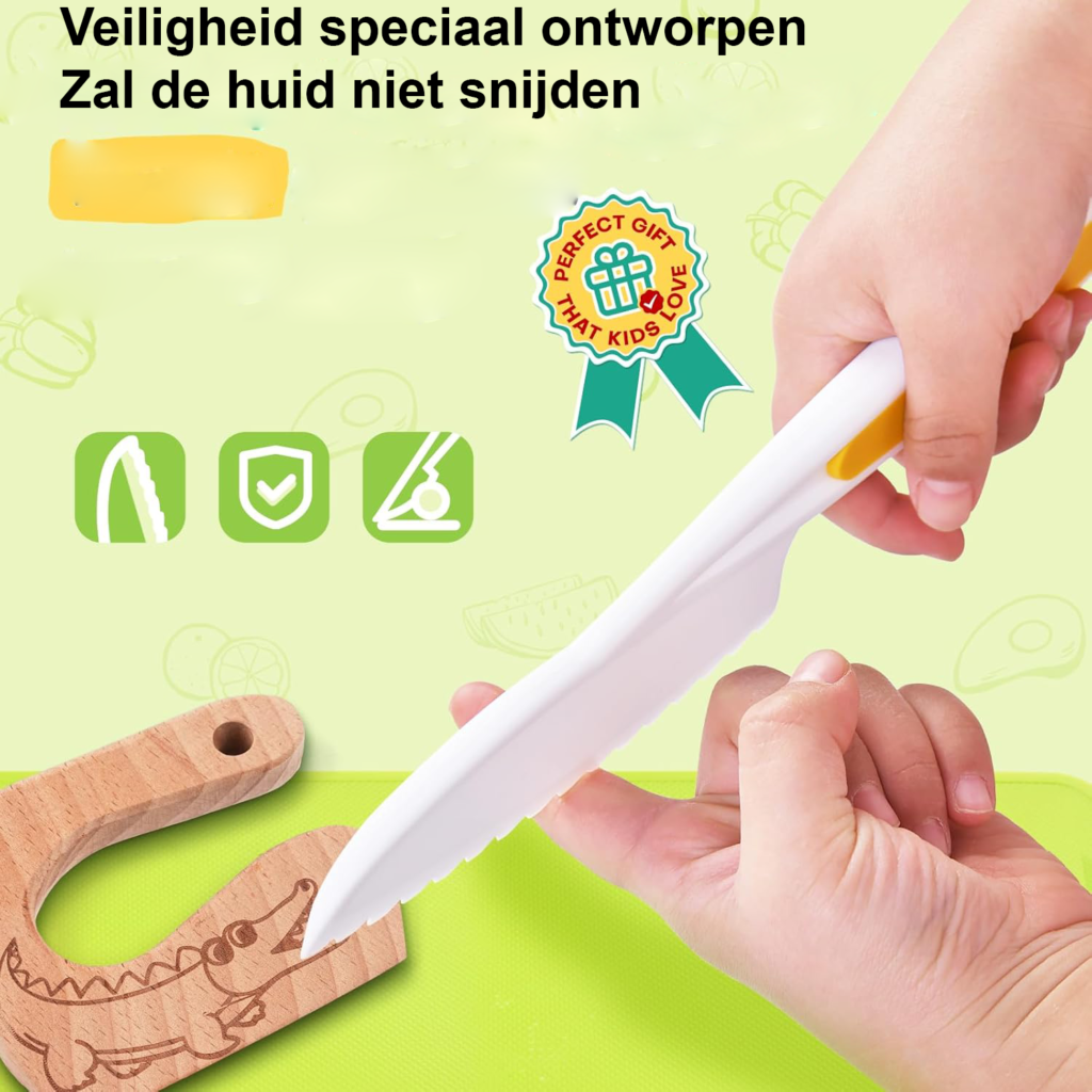 Kinderkoksmes Set 17 Delig - Veilig Keukenmes voor Kinderen - Montessori Kookgereedschap met Houten Mes en Snijplank - Kinder Keukenaccessoires