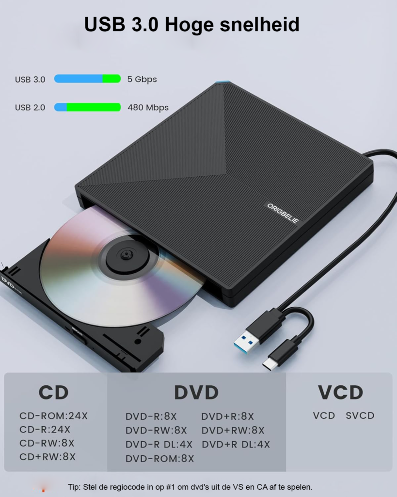Externe CD DVD Drive USB 3.0 - Draagbare CD DVD Brander En Lezer - Type-C Compatibel Voor Laptop, Desktop En Mac - Windows En Linux Ondersteuning