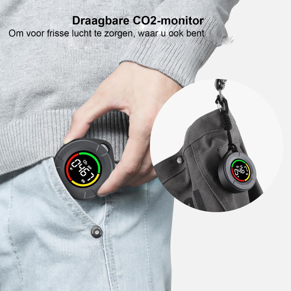 Draagbare CO2 meter met LCD display, kleurindicator en alarm voor luchtkwaliteitsmeting binnenshuis