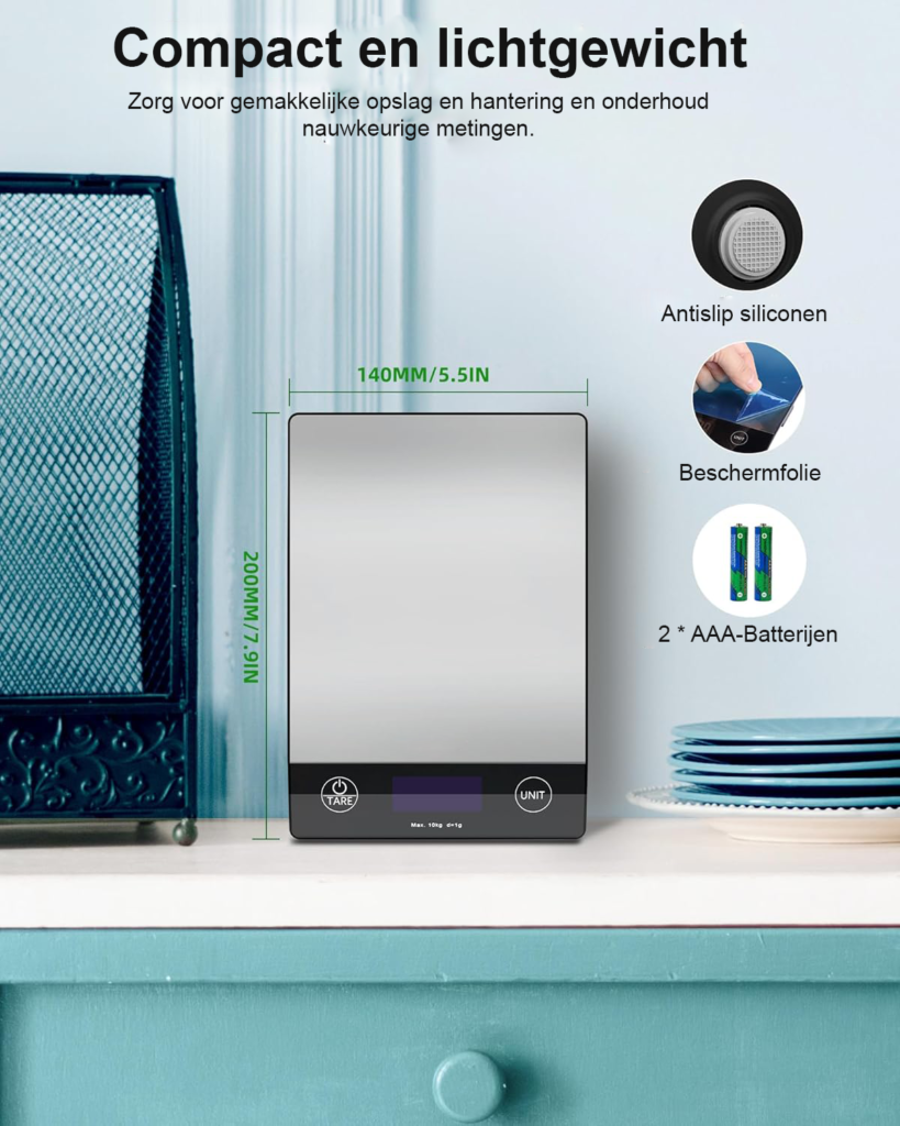 Digitale Keukenweegschaal 10 kg - Voedselweegschaal met LCD Display en Tarrafunctie - Hoge Precisie voor Koken en Bakken - 6 Weegeenheden