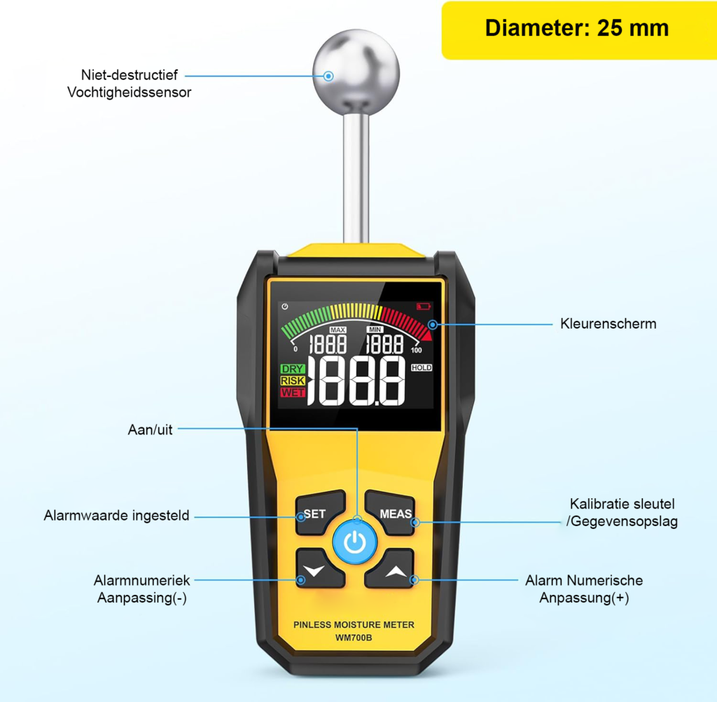 Digitale vochtmeter met LCD-display voor muren, vloeren en bouwmaterialen met 5-40 mm meetdiepte en geluidsalarm