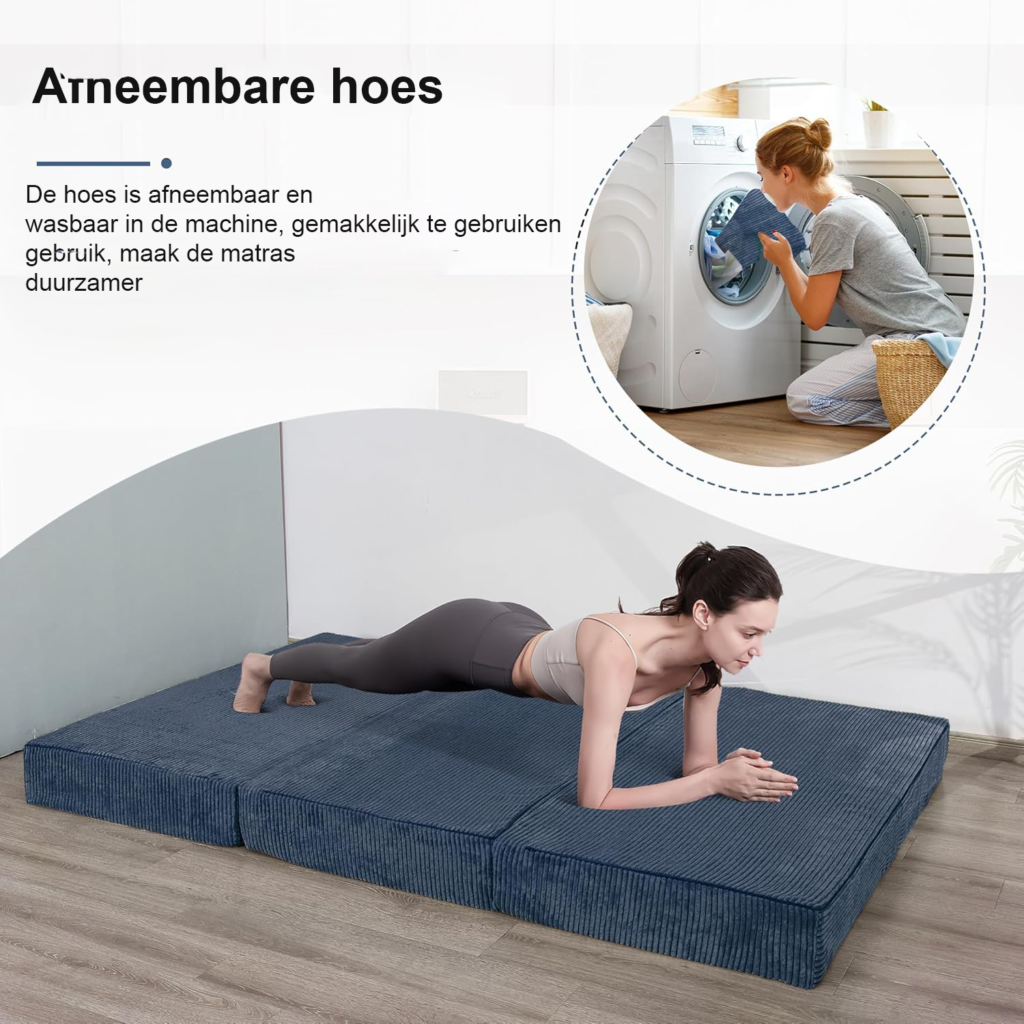 Opvouwbaar ribfluweel matras 10 cm dik met wasbare hoes voor logeren en slapen, tweepersoons vloermatras in blauwe steen kleur