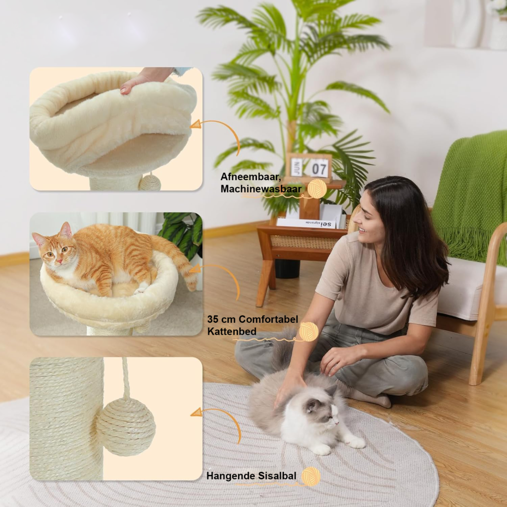 Katten Krabpaal Hoog met Fluffy Kattenbed - Krabpaal voor Binnenkatten - Met Veerbal en Verwijderbaar Bed - Ø14 cm Beige