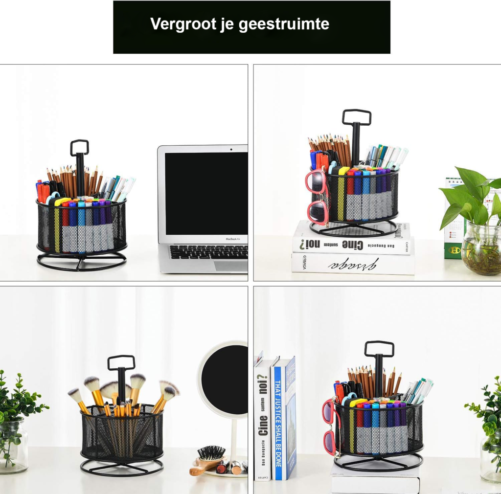 Bureau organizer mesh 360 graden draaibare pennenhouder met 4 compartimenten voor bureau opbergen en thuiswerk organisatie zwart