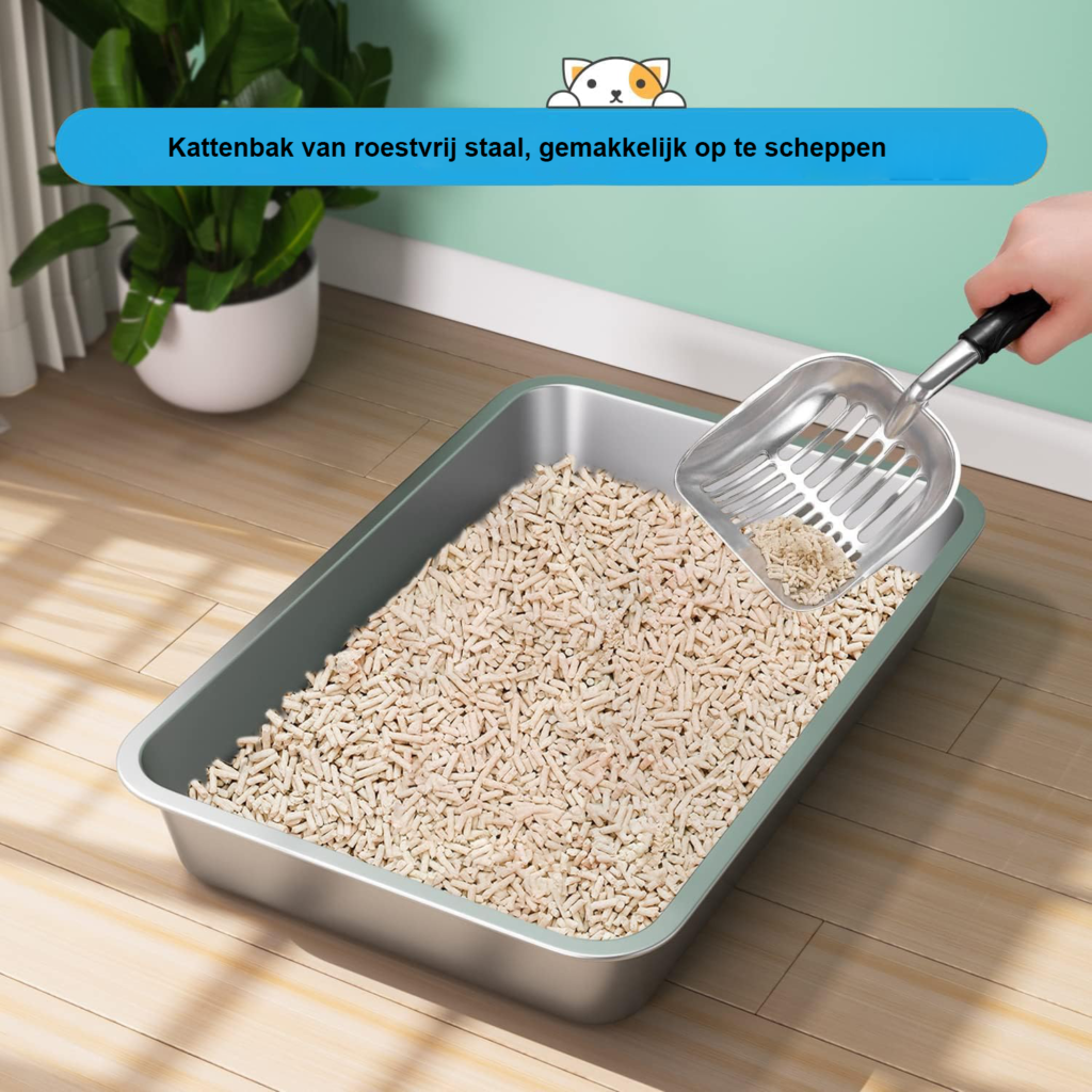 RVS kattenbak 60x40x15 cm voor katten en konijnen met glad oppervlak