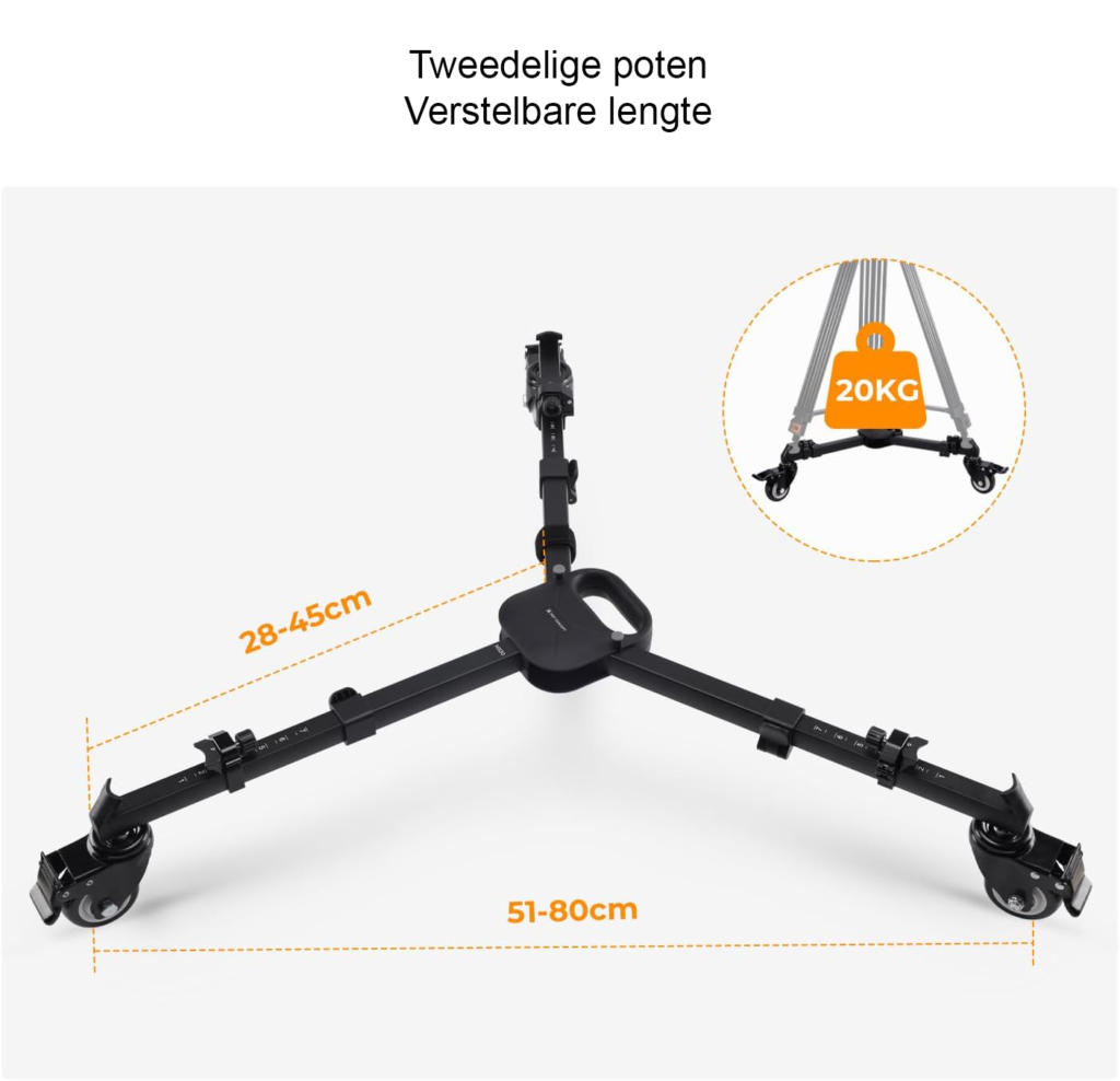 Statief Dolly met Rubberen Wielen - Verstelbare Onderstel voor Camera- en Verlichtingsstatief - Opvouwbaar en Draagbaar - Maximale Draagkracht 30 kg