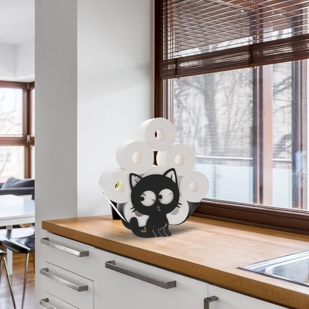 Toiletpapierhouder Zwart Metaal - Staande Toiletrolhouder Voor Badkamer En Keuken - Wandmontage Zonder Boren - Met Katpatroon
