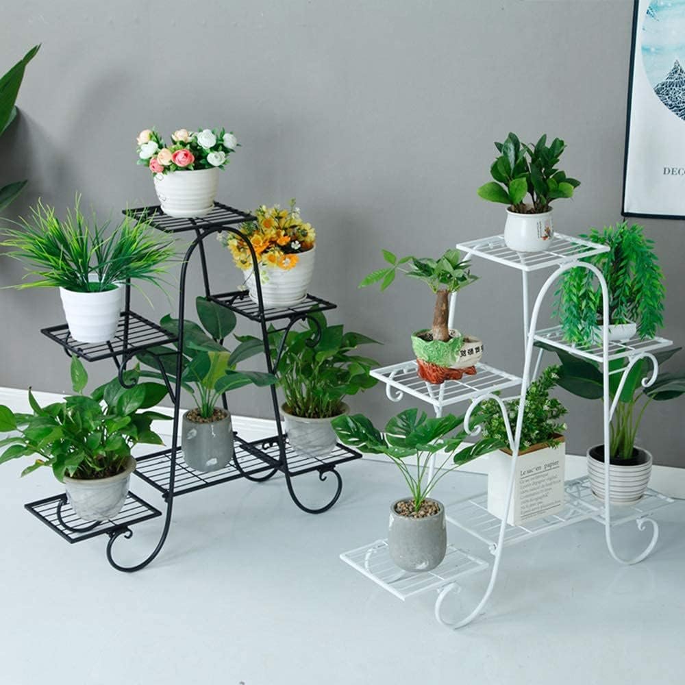 Zwarte metalen plantenstandaard met 6 lagen voor binnen en buiten, bloemenrek voor meerdere planten en terras