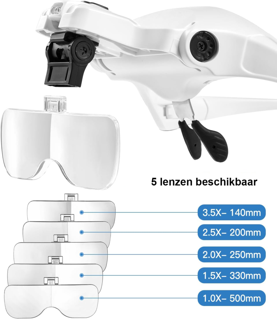 Vergrootglas loepbril met 2 LED lampen en verwisselbare lenzen voor precisiewerk, sieraden, modelbouw en elektronica