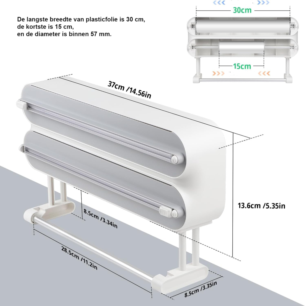 Wandrolhouder keuken met 3 rollen, foliedispenser met snijder en keukenpapierhouder voor vershoudfolie en aluminiumfolie