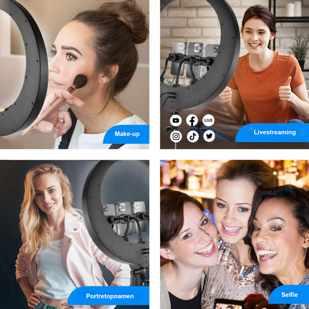 19 inch ringlamp met statief, 3 telefoonhouders en dimbare LED verlichting voor TikTok, live streaming en video-opname