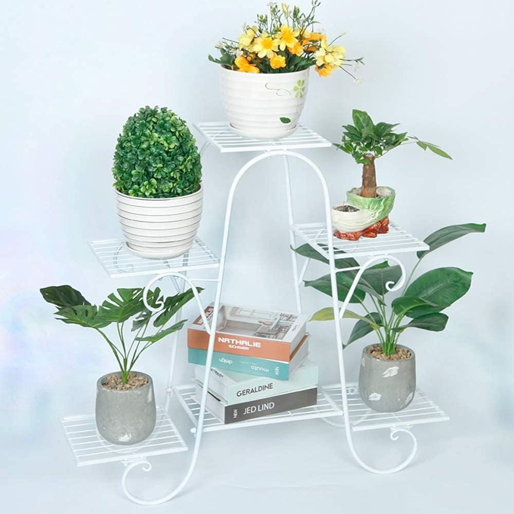 Plantenstandaard 6 Lagen Wit Metaal - Plantenrek voor Binnen en Buiten - Bloemenrek voor Meerdere Bloempotten - Decoratief Plantenmeubel voor Terras en Tuin