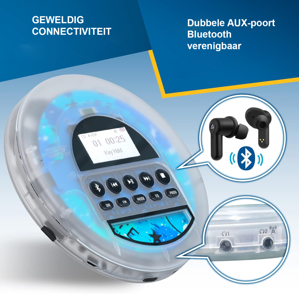 Draagbare CD Speler met Bluetooth - Walkman met FM Radio en MP3 Ondersteuning - Inclusief Oortelefoons - TF Kaart Ondersteuning