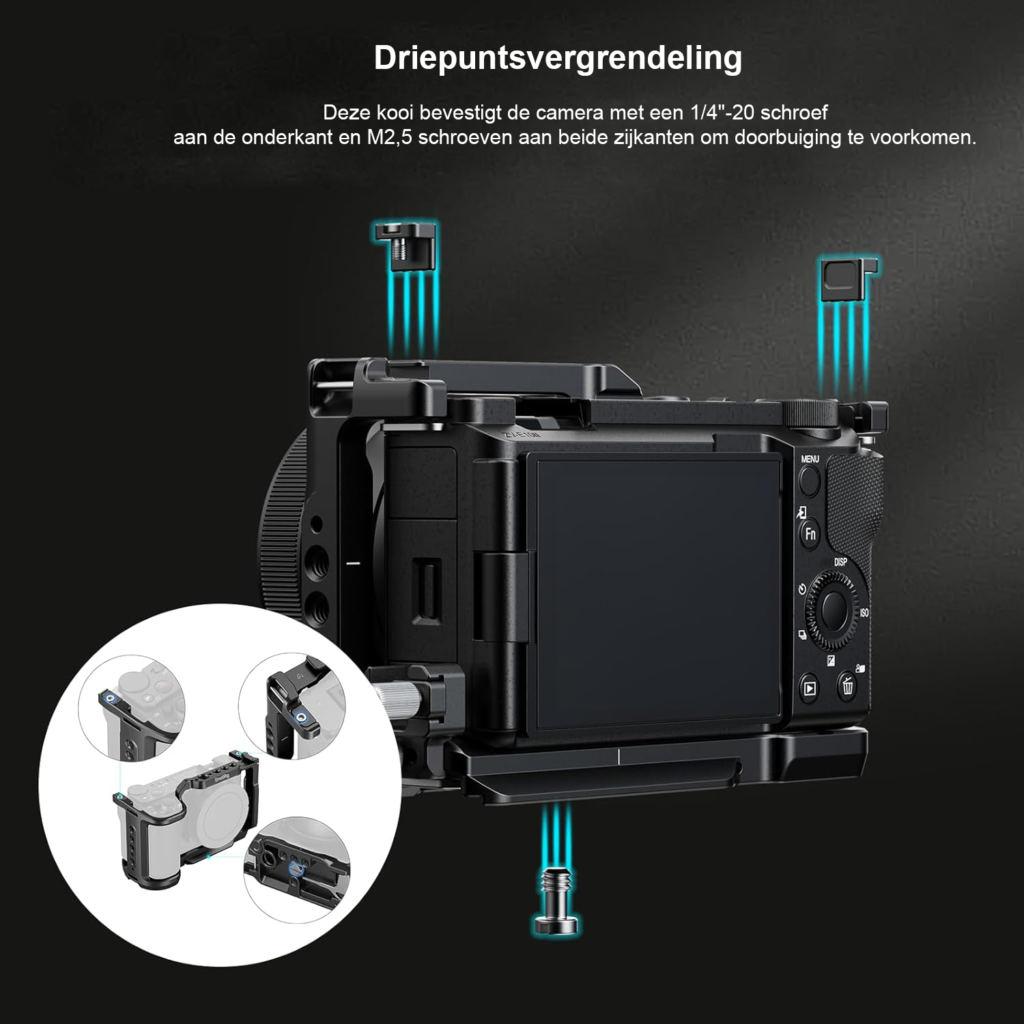 Camera Cage Sony Alpha ZV-E10 II - Camerabehuizing met HDMI Kabelklem - Quick Release Plaat en Cold Shoe Bevestiging - 3/8 Schroefdraad
