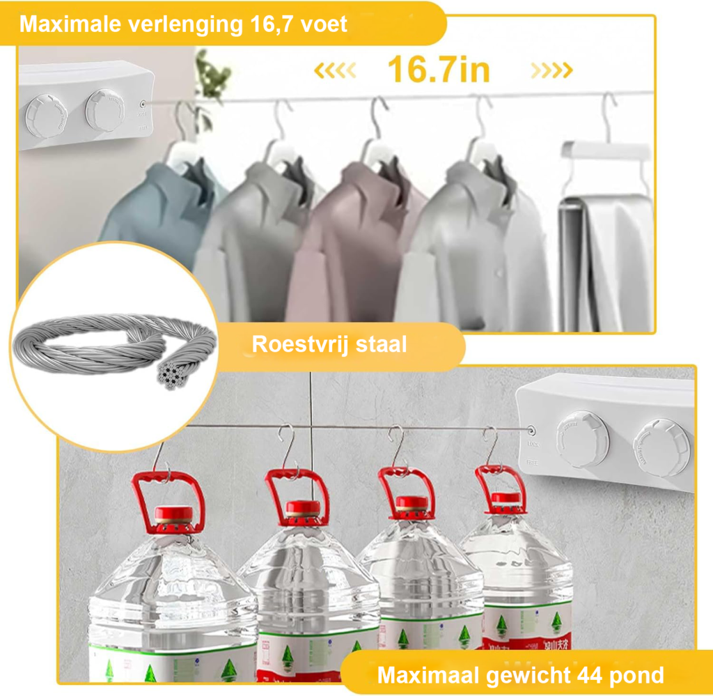 Uittrekbare Waslijn Dubbele Lijn - Onzichtbare Kledinglijn van Roestvrij Staal - Ruimtebesparend Droogrek voor Balkon, Badkamer en Terras - 2 x 5,1 m