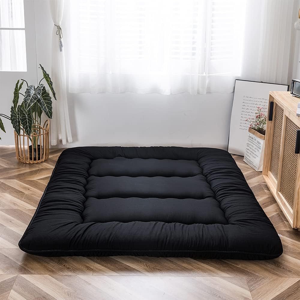 Japanse Vloermatras met Slaapkussen - Opvouwbaar Futon Matras voor Slaapkamer, Logeerbed en Loungen - Tatami Matras Zwart Single
