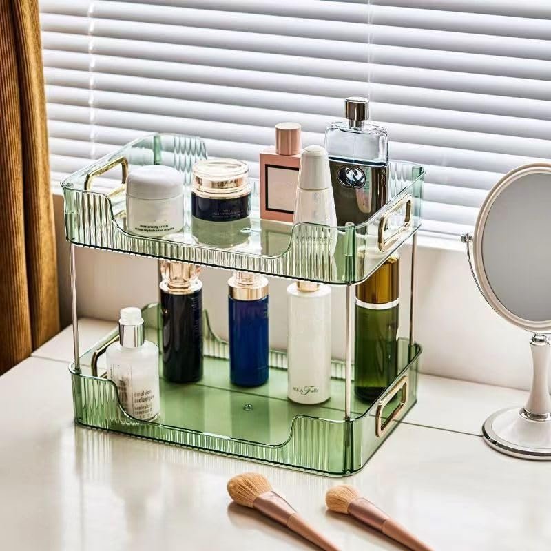 Badkamer organizer 2 lagen groen - cosmetica opbergrek voor make-up en huidverzorging op de wastafel