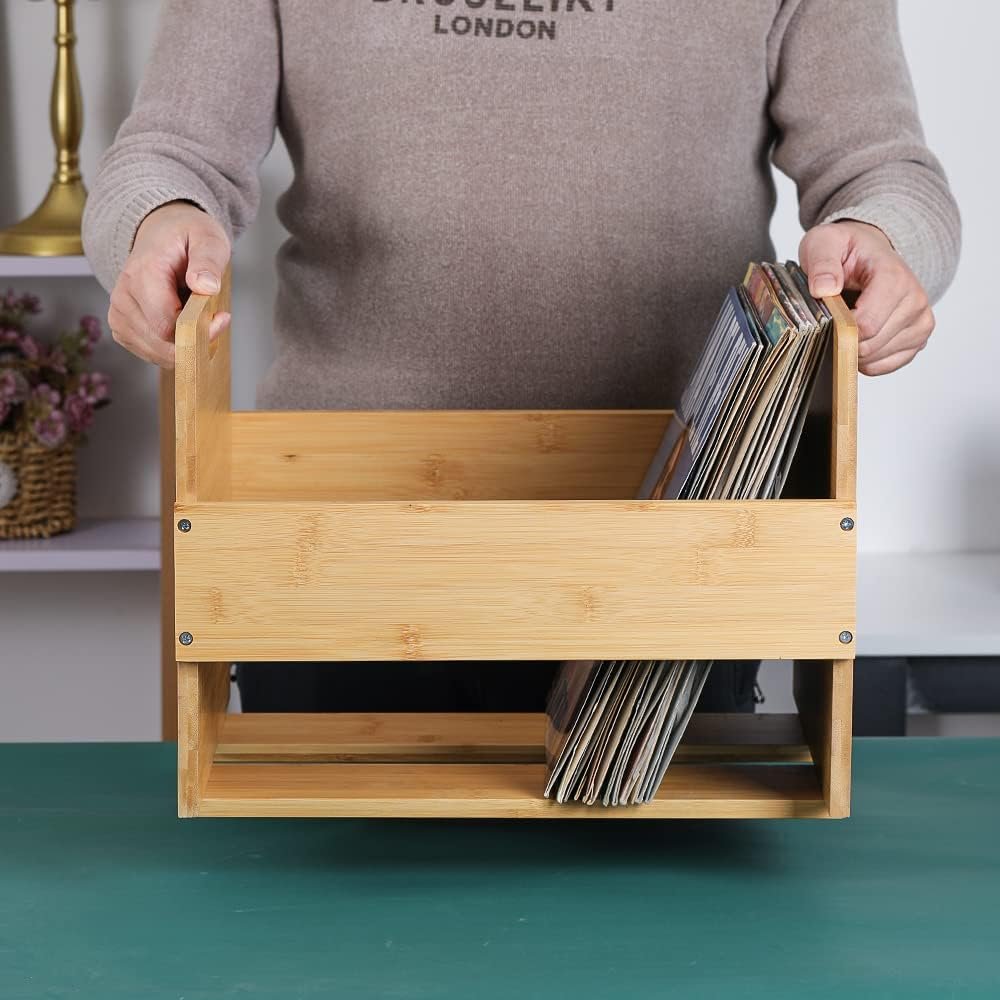 Bamboe LP Opbergkrat - Vinyl Platenhouder voor Albums en Grammofoonplaten - Retro Platenrek Organizer - Geschikt voor Tot 80 Platen