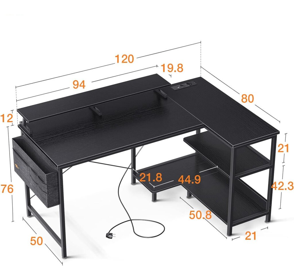 L-vormig hoekbureau zwart met USB oplaadpoort, stopcontact en monitorrek voor kantoor en thuis 120 x 80 x 88 cm