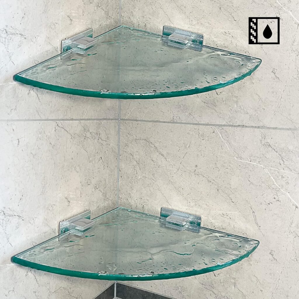 Badkamer glazen plank set 2 stuks met driehoekige douche caddy, gehard glas 8mm en aluminium wandbeugels voor shampoo en badkameraccessoires