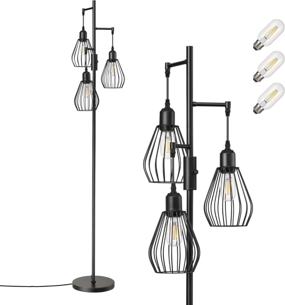 Moderne zwarte vloerlamp 166 cm met drie metalen kappen en LED E27 verlichting voor woonkamer en slaapkamer