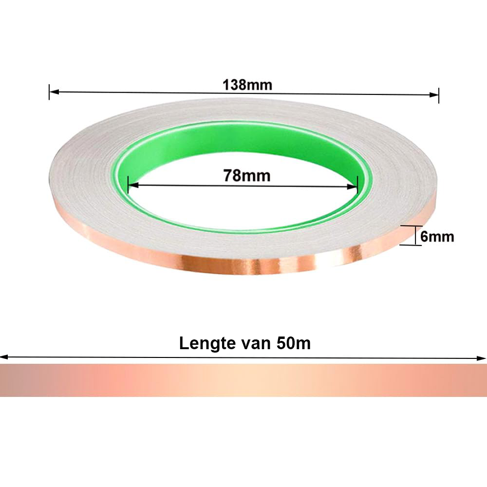 koperen folietape 50m x 6mm zelfklevend dubbel geleidend voor emi afscherming elektronica en reparaties