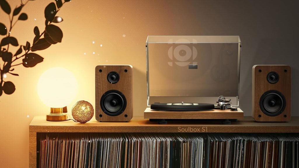 Platenspeler met stereo speakers, ingebouwde voorversterker en S-vormige toonarm voor vin