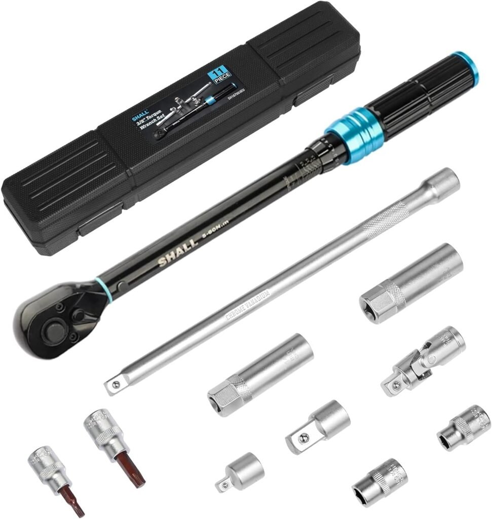 Momentsleutel Set 11 Delig - Verstelbare 3/8 Inch Momentsleutel met Adapters - Voor Auto, Fiets en Motor Onderhoud - Inclusief Verlengstuk en Opbergtas