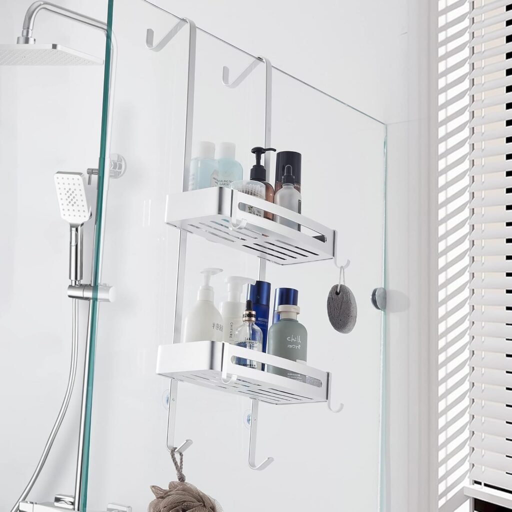 Douche rek over de deur van aluminium met haak, hangende badkamer organizer in zilver voor doucheopslag