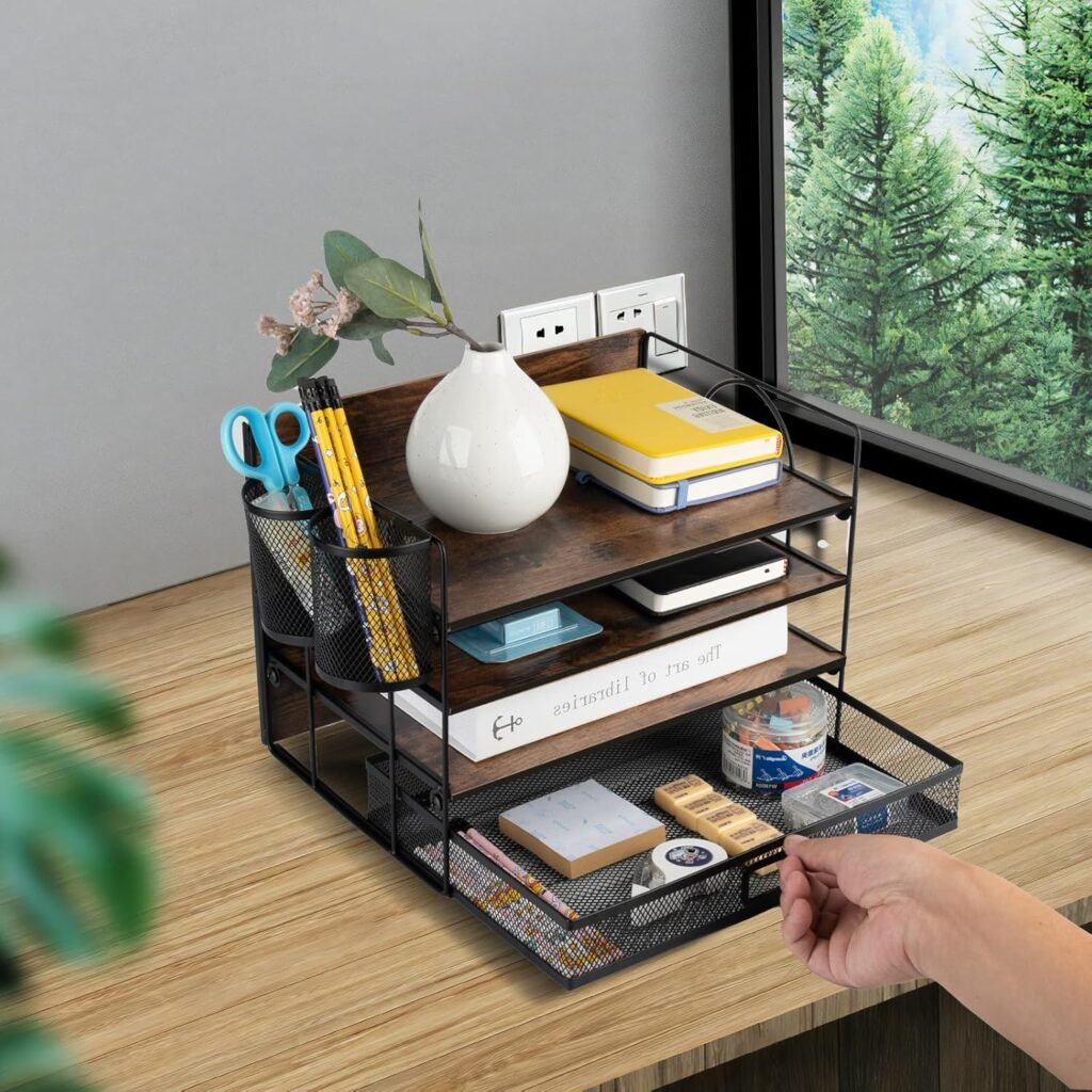 Bureau organizer hout 4 lagen documentenbak lade penhouders vintage kantoor opberger papier mappen accessoires