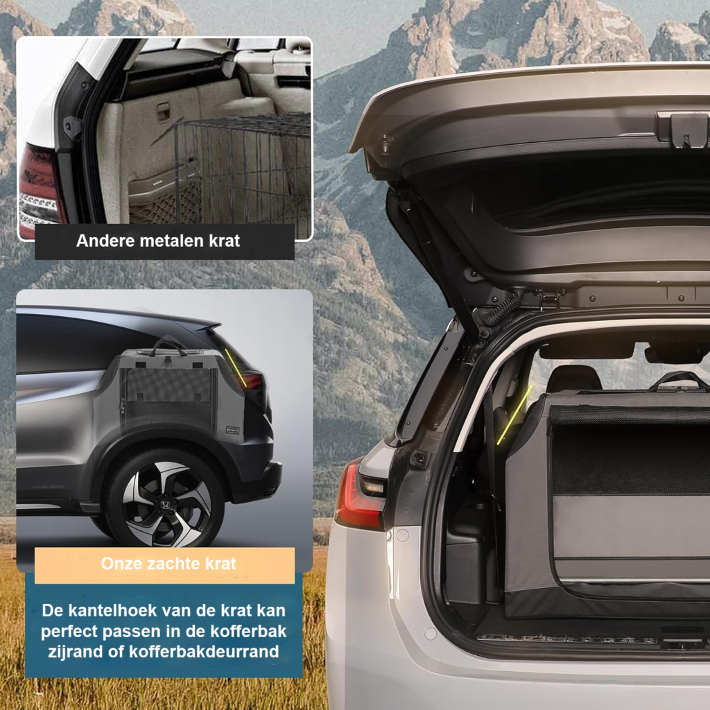 Hondentransportbox voor auto vouwbaar - hondenreistas voor bagageruimte - verstelbare stofafdekking kauwbestendig gaas - schuine pasvorm auto kofferbak