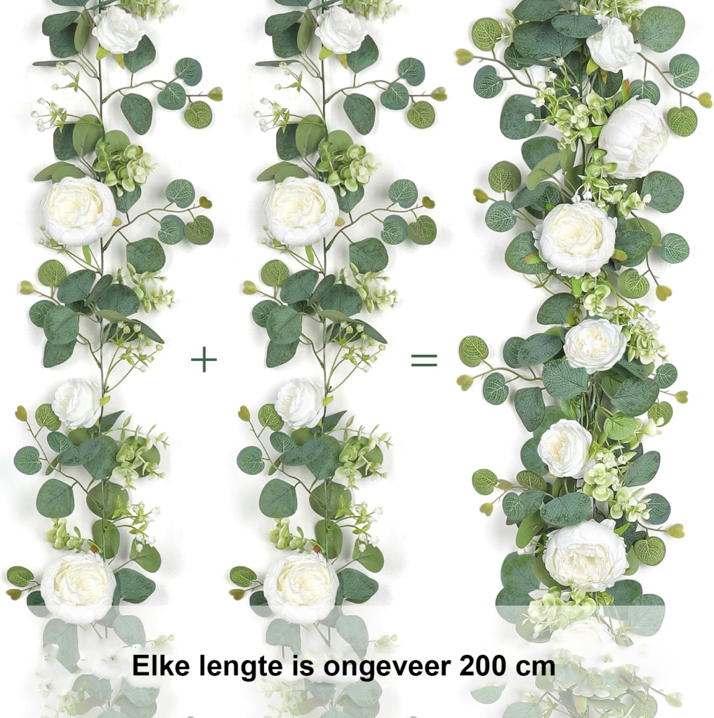 Kunstmatige bloemenkrans set van 2 eucalyptus slinger met witte pioenrozen en rozen wanddecoratie bruiloft deur decor vintage