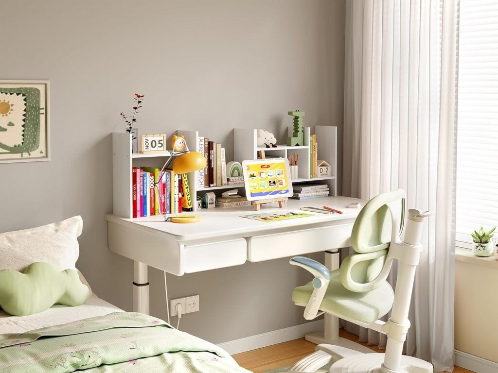 Houten verstelbare bureau organizer boekenrek wit voor boeken, kantooraccessoires en bureau opbergruimte