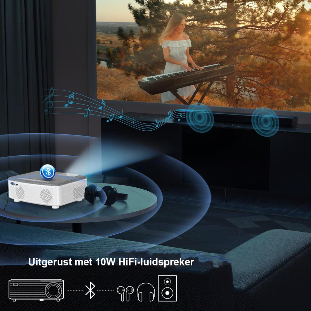 WiFi beamer 7500 lumen projector 120 inch scherm draadloze WLAN Bluetooth 1080p compatibel smartphone tablet Fire Stick ingebouwde luidspreker