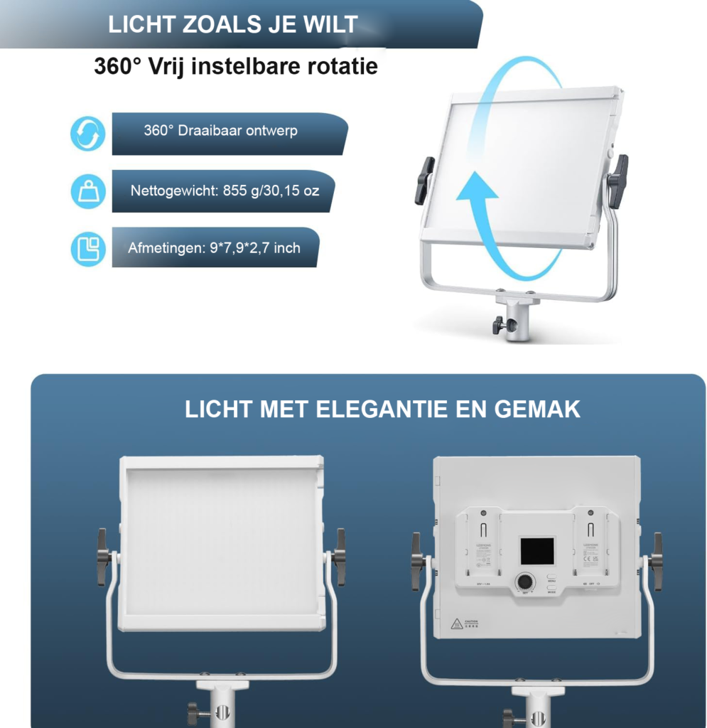 LED videolamp paneel 36W met dimbare twee-tone verlichting, app bediening en 11 FX lichtmodi voor fotografie en video