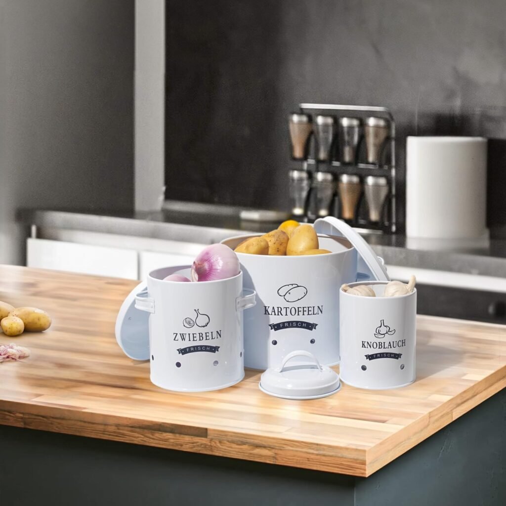 Aardappel bewaardoos set retro metaal keukenopslag aardappelen uien groenten ventilatie deksel beige voorraadpotten