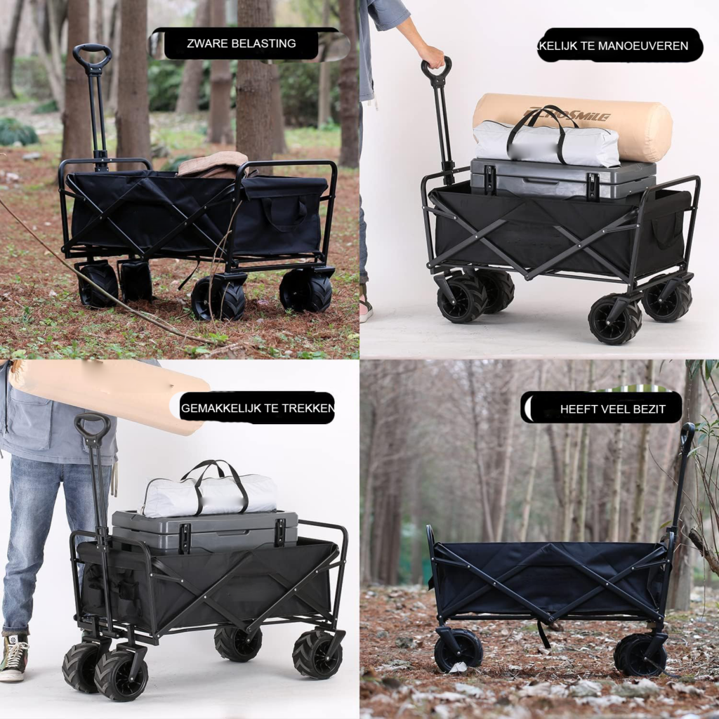 Opvouwbare handkar 160 kg met verstelbare trolley, grote off-road wielen en robuust frame voor outdoor en camping gebruik