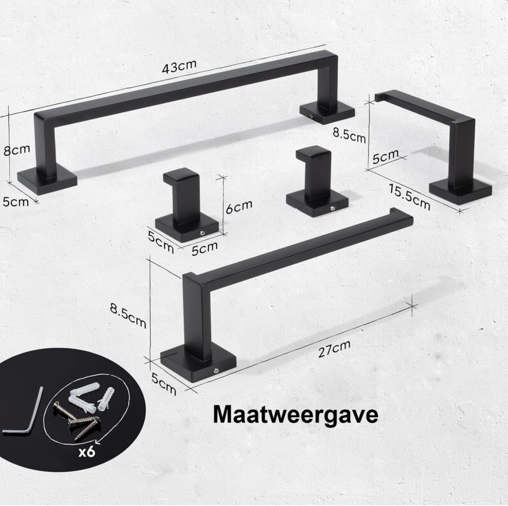 Handdoekrek set 5 stuks zwart - Wandgemonteerde handdoekhouder van roestvrij staal - Handdoekhaken en toiletpapierhouder met verborgen schroeven - 43 cm rails