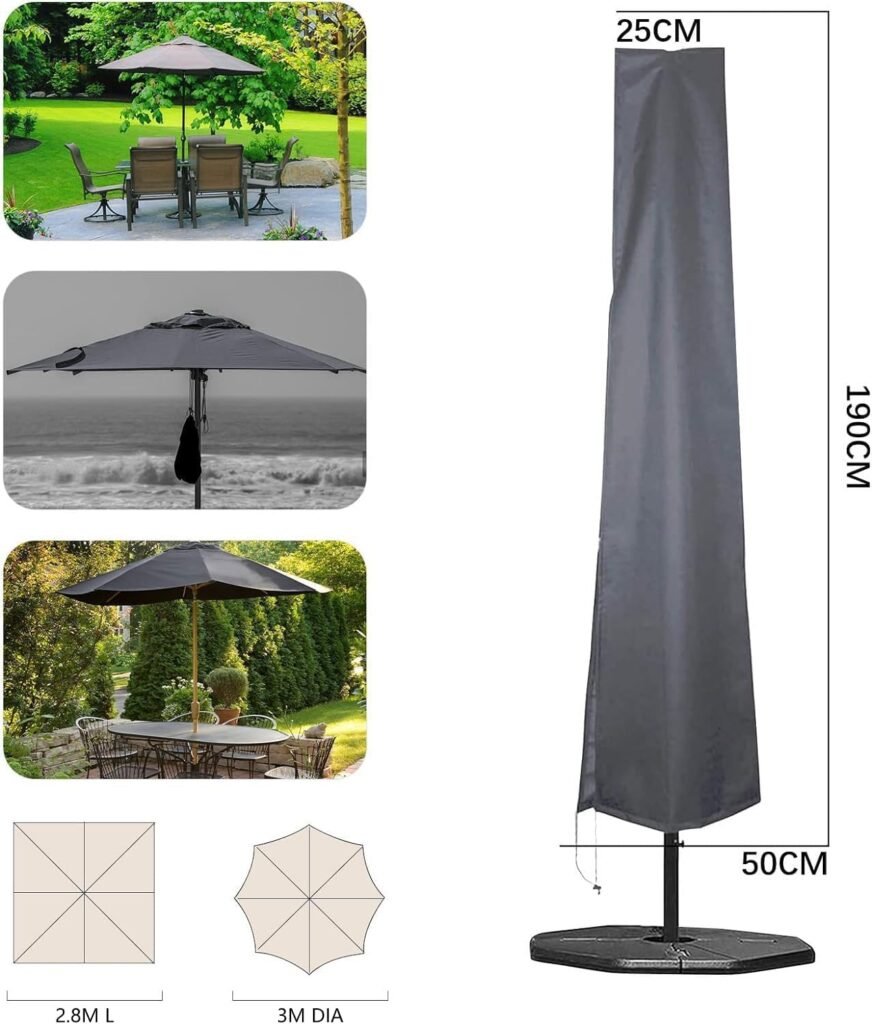 Parasolhoes grijs waterdicht 600D Oxford beschermhoes met rits voor tuinparasol 1.8 tot 3.4 meter UV en regenbescherming 190x25x48 cm