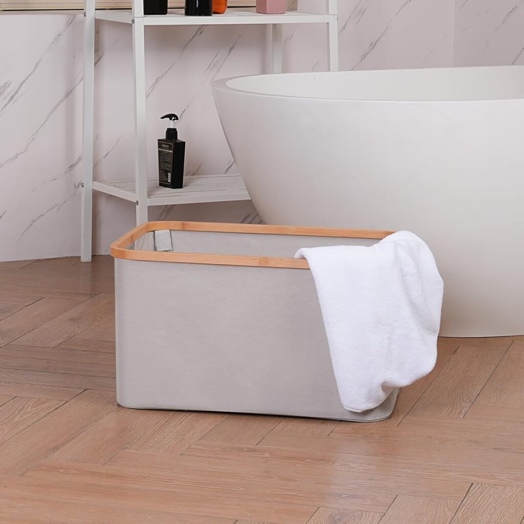 Opvouwbare Wasmand 60 Liter - Bamboe Stof Wasmand - Vouwbare Opbergmand voor Badkamer en Slaapkamer - Lichtgrijs