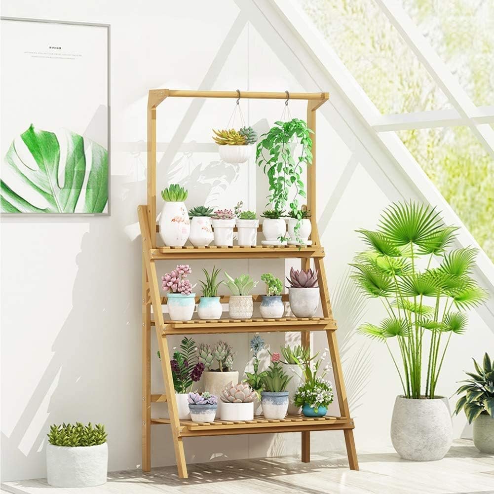 Bamboe plantenrek met verstelbare plantenstandaard en bloemenladder voor balkon en tuin