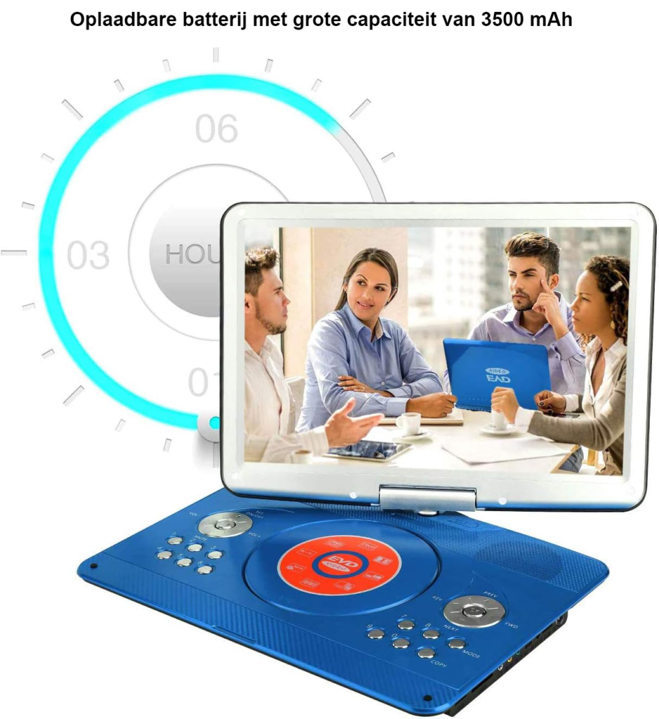 Draagbare DVD-speler met 14.1 inch draaibaar LED scherm, oplaadbaar met autoadapter en afstandsbediening voor reizen en kinderen