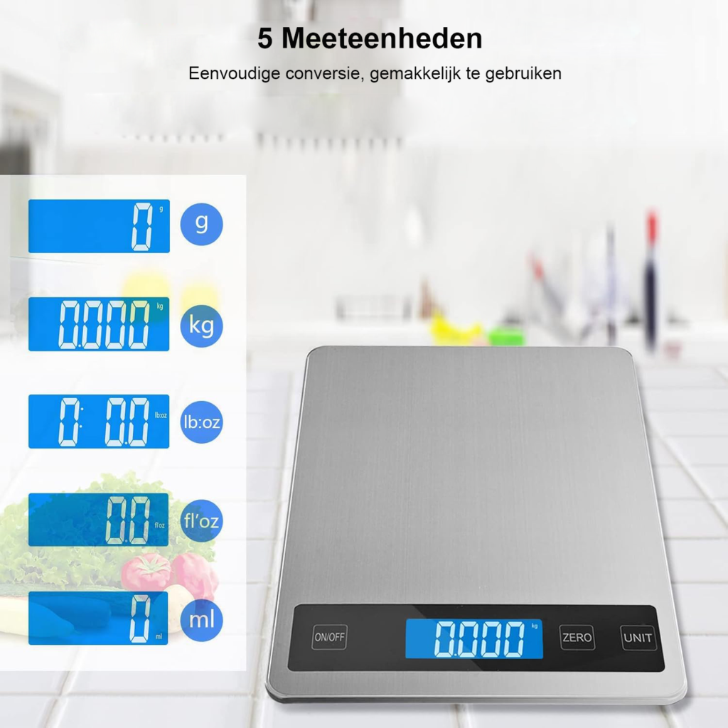 Digitale RVS keukenweegschaal met oplaadbare accu, LCD-display en 13,6 kg weegcapaciteit