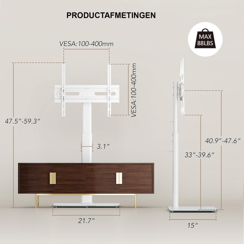 Vloer TV standaard met draaibare beugel - Verstelbare tv voet voor LCD LED OLED televisies - Ruimtebesparend design - Geschikt voor 27-60 inch TV's