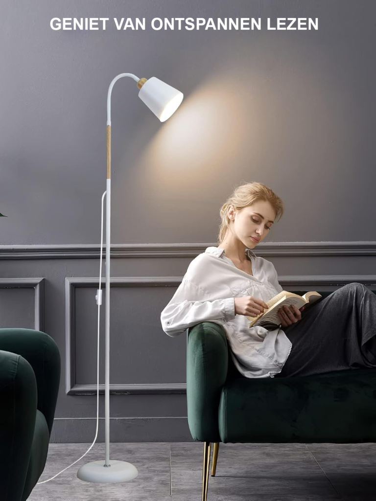 Witte 360° draaibare staande vloerlamp met metalen frame, E27 fitting tot 60W voor woonkamer of slaapkamer, hoogte 159 cm