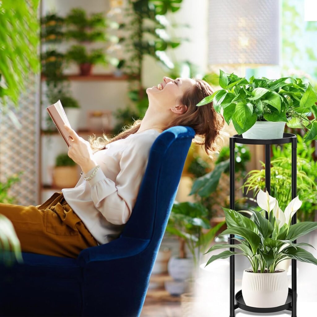Zwart metalen plantenrek met 2 lagen voor bloemen en planten binnen en buiten